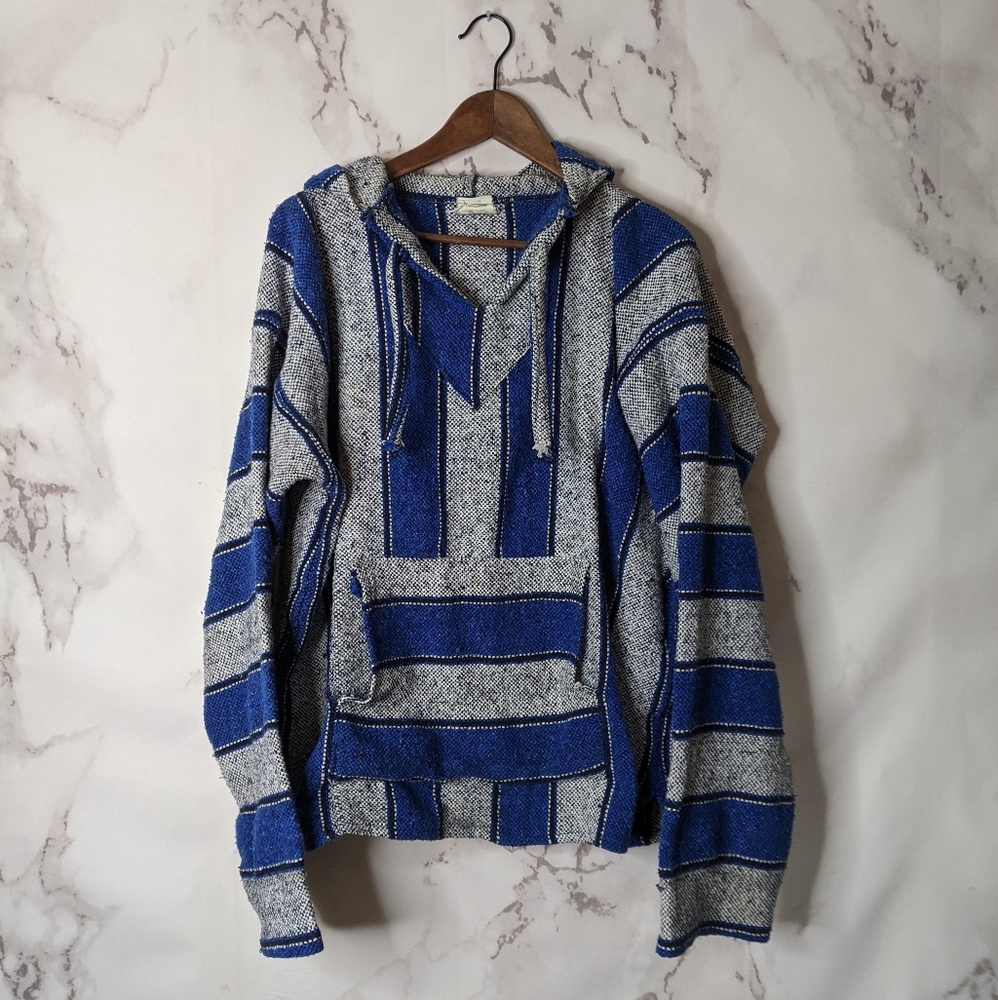 Vintage Gray and Blue Striped Hooded Coat